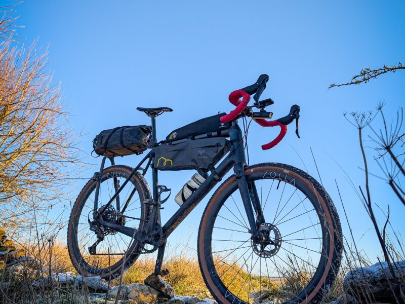 zolla-frost-bike-2026 Bikepacking bike on Zolla wheels on a frosty hillside